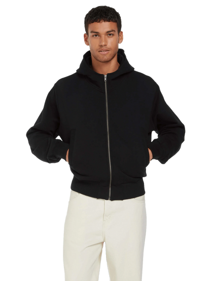 Luxurious unisex bomber jacket hoodie made from organic cotton, showcasing sustainable style and comfortable fit.