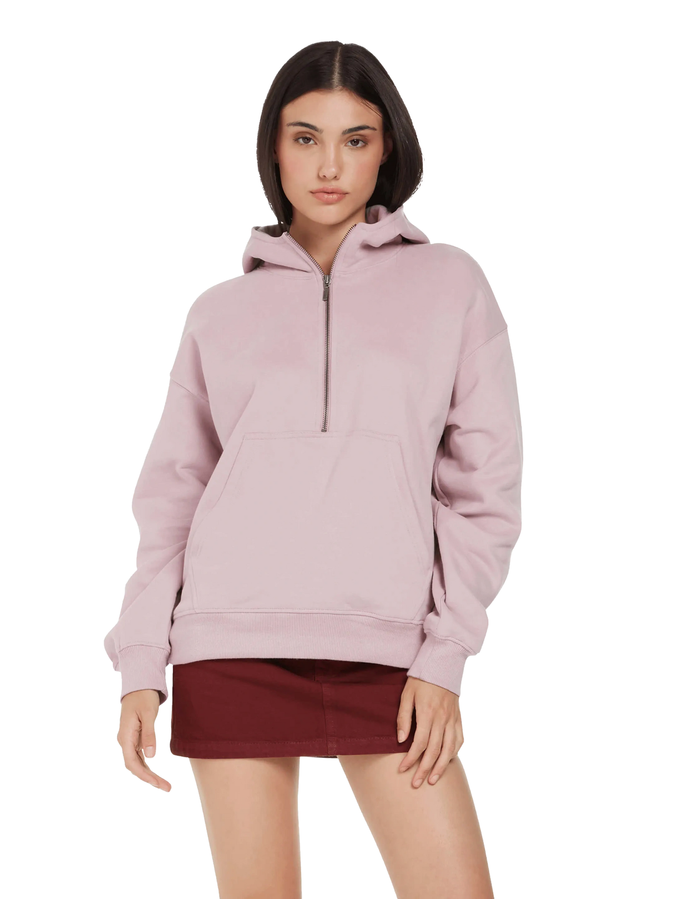 Elegant Women's Organic Cotton Half Zip Hoodie showcasing a relaxed fit, perfect for sustainable fashion enthusiasts.