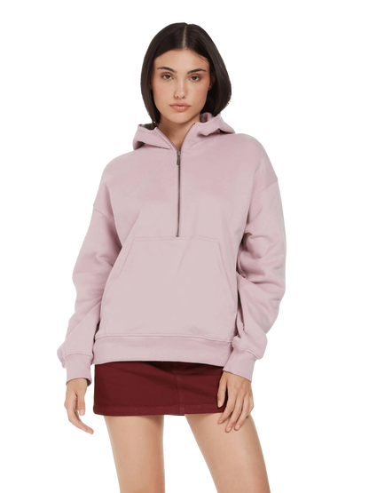 Elegant Women's Organic Cotton Half Zip Hoodie showcasing a relaxed fit, perfect for sustainable fashion enthusiasts.