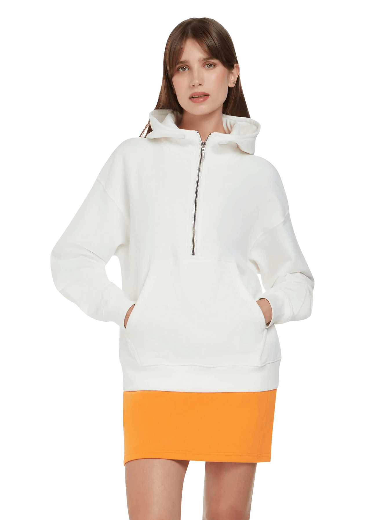 Model wearing the women's organic cotton half zip hoodie, demonstrating its flattering silhouette and versatile styling for casual occasions.