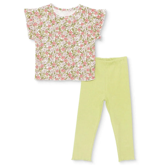 HelloBaby Girls Blouse-Leggings Flower Pastel Dreams Crew Neck Long Leg Short Sleeve - Ecru Printed