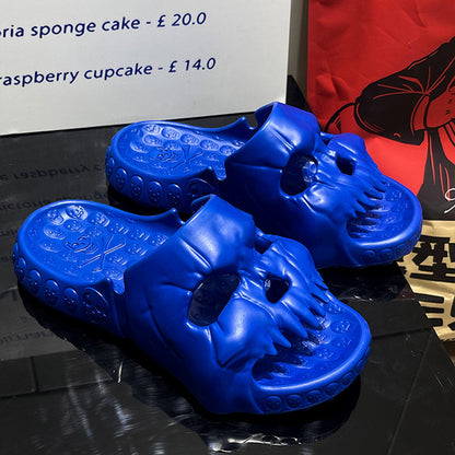Luxury personalized skull design Halloween slippers in vibrant blue, perfect for indoor and outdoor wear, blending comfort with edgy style.