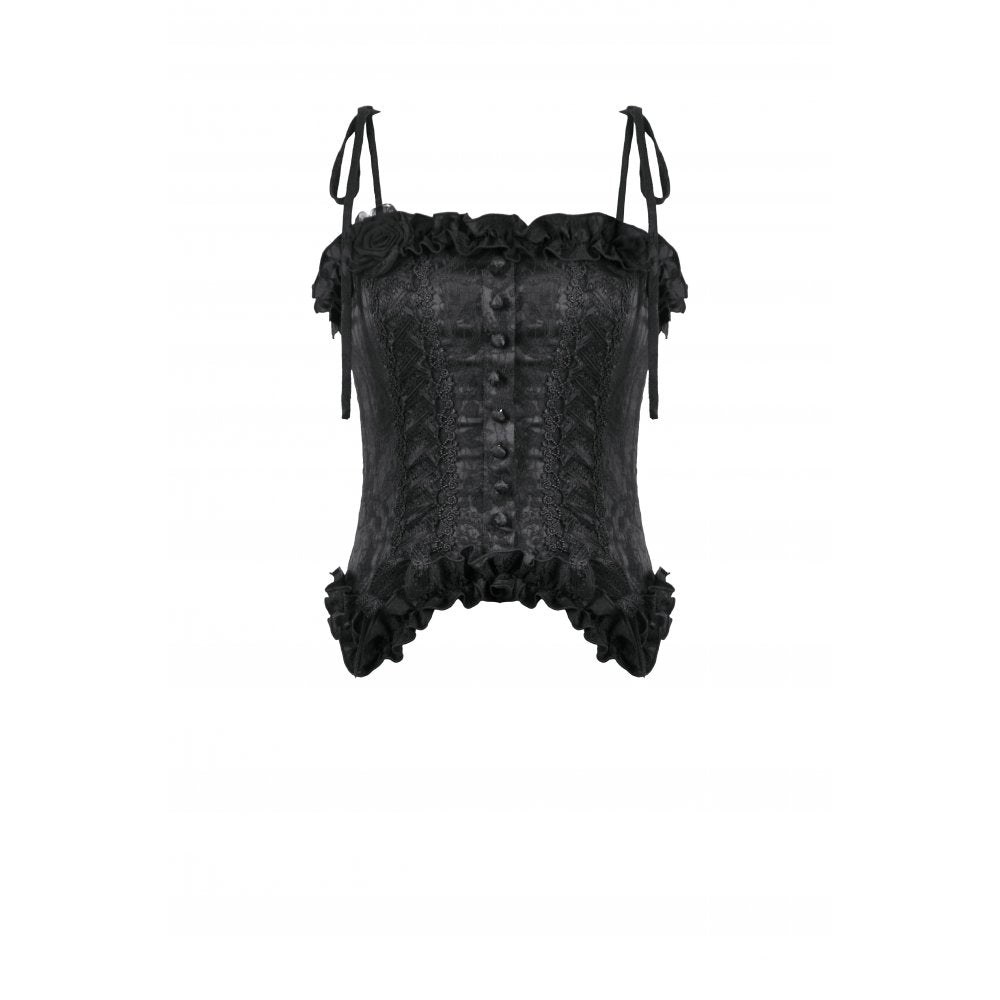 Dark in Love Selene Floral Jacquard Corset Top gracefully displayed, showcasing the intricate black floral pattern and delicate shoulder tie straps, ideal for gothic elegance.