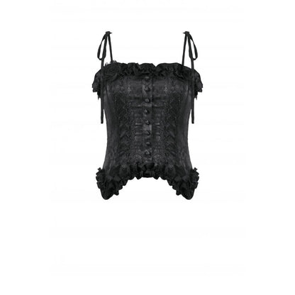 Dark in Love Selene Floral Jacquard Corset Top gracefully displayed, showcasing the intricate black floral pattern and delicate shoulder tie straps, ideal for gothic elegance.