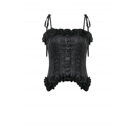Dark in Love Selene Floral Jacquard Corset Top gracefully displayed, showcasing the intricate black floral pattern and delicate shoulder tie straps, ideal for gothic elegance.