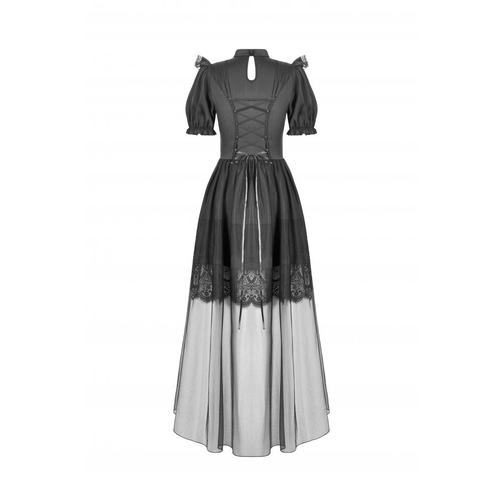 Elegant Dark in Love Ebon Rose Gothic Dress featuring puff sleeves and a sheer lace waist, perfect for adding a touch of dark allure to your wardrobe.