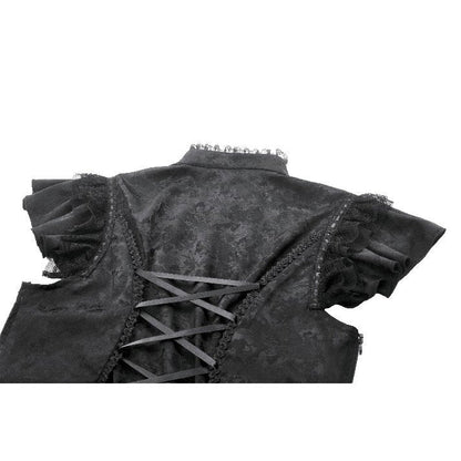 Close-up view of the Dark in Love Seraphine Lace Shoulder Top showcasing the exquisite sheer lace fabric and delicate frilled ruffles, ideal for gothic fashion statements.