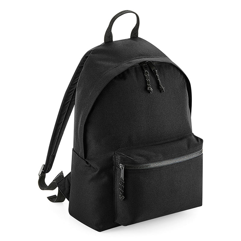 Luxury eco-friendly recycled backpack featuring reflective zip pullers and adjustable padded straps, designed for style and sustainability.