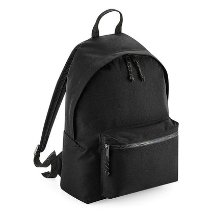 Luxury eco-friendly recycled backpack featuring reflective zip pullers and adjustable padded straps, designed for style and sustainability.
