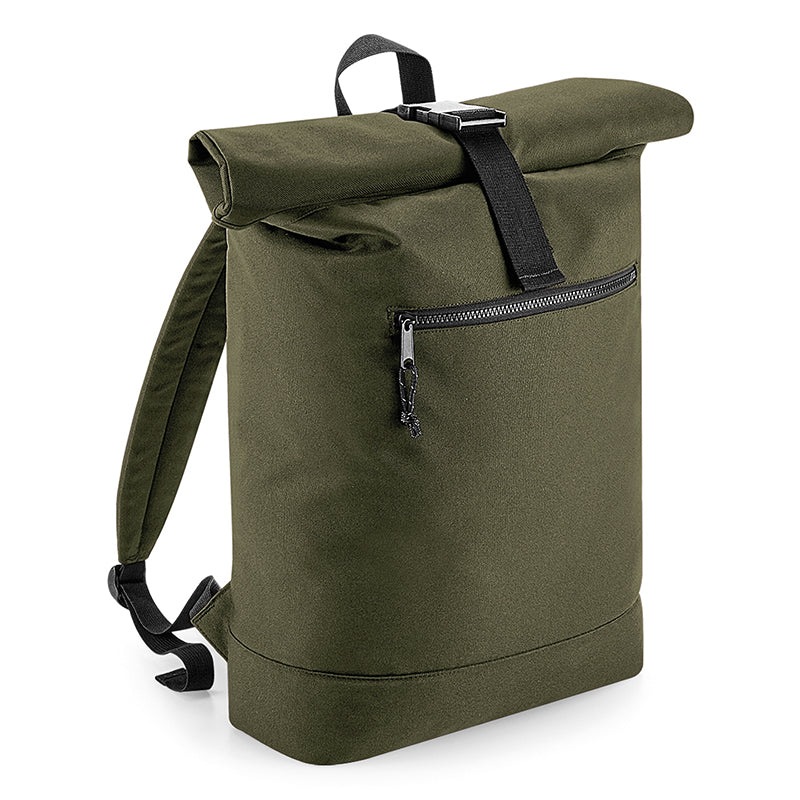 Eco-friendly 100% recycled rolled-top backpack with padded laptop compartment, showcasing elegant design and sustainable materials.