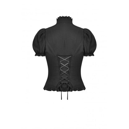 Close-up view of the Dark In Love Sinead Black Blouse showcasing its fine ruffle collar and luxurious fabric texture, perfect for formal occasions.