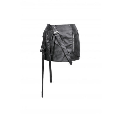 Luxurious black faux leather mini skirt with asymmetric panels and decorative hardware, exuding edgy gothic style.