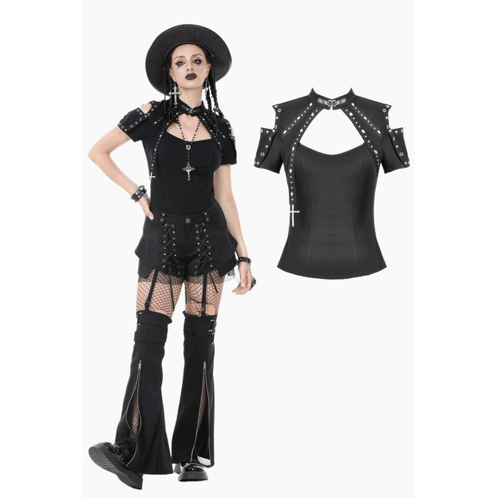 Elegantly styled Dark In Love Seraphine Black Lace Off-Shoulder Gothic Top featuring a sweetheart neckline and chic grommet strap detailing, ideal for alternative fashion enthusiasts.