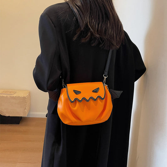Funny Crossbody Bag - Halloween Pumpkin Cartoon Design showcasing its whimsical style worn over the shoulder, exuding playful elegance.