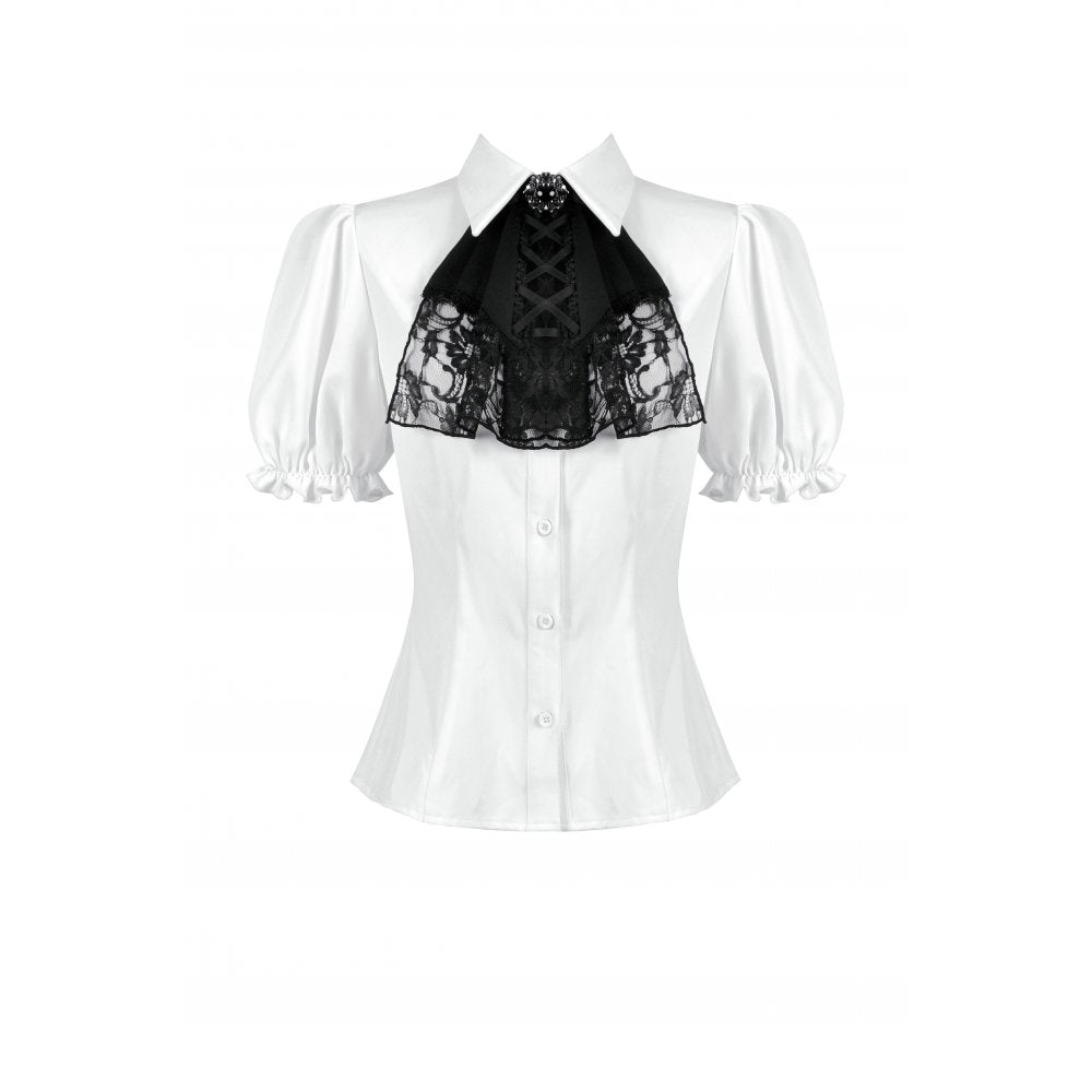 Fitted waist silhouette of the Dark in Love Elysia blouse highlighted with a button-down front closure, perfect for formal goth fashion.