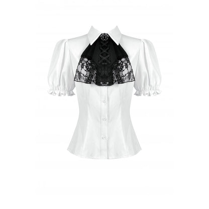 Fitted waist silhouette of the Dark in Love Elysia blouse highlighted with a button-down front closure, perfect for formal goth fashion.
