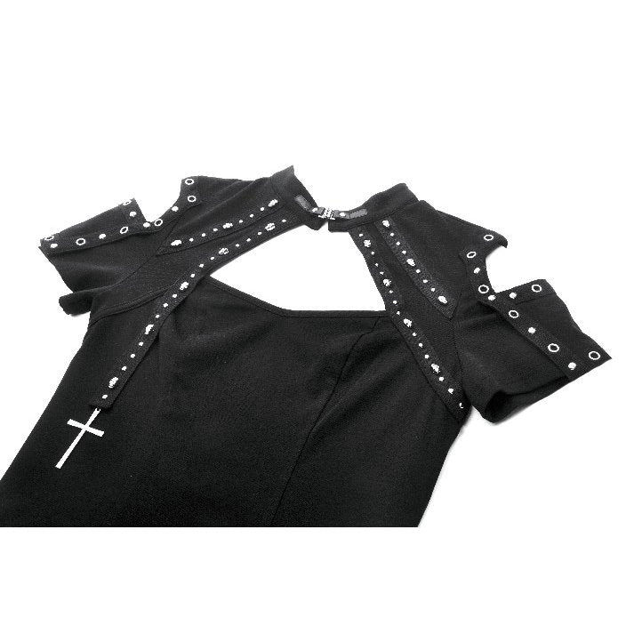 Close-up of the intricate lace detailing and grommet strap design on the Dark In Love Seraphine Goth Top, showcasing its luxurious texture and rebellious elegance.