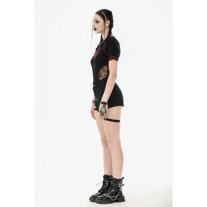 High-waisted black garter shorts with pleated asymmetrical panel and silver grommet accents, embodying a bold and edgy goth-inspired style.