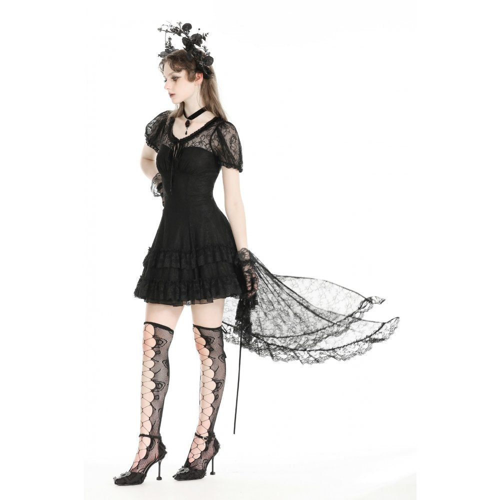 Full view of the Dark in Love Merida Lace Tail Dress, elegantly displaying long lace tails and a fashion-forward design.