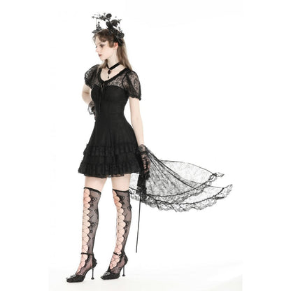 Full view of the Dark in Love Merida Lace Tail Dress, elegantly displaying long lace tails and a fashion-forward design.