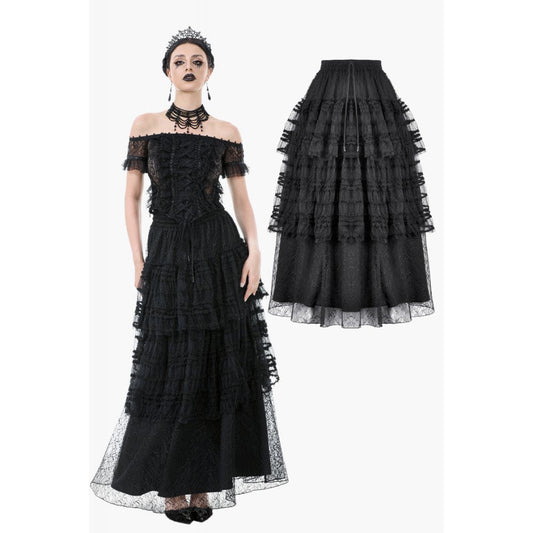 Luxurious Morticia Gothic Velvet & Lace Tiered Skirt in Black, featuring a high adjustable waist and flowy silhouette, ideal for creating a dark romantic aesthetic.