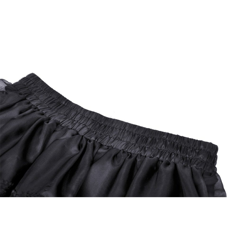 Fashion-forward display of the Gothic Dark in Love Fringilla Mini Skirt, featuring its luxurious polyester fabric and stunning frilly design, perfect for a glamorous occasion.
