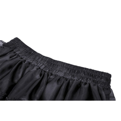 Fashion-forward display of the Gothic Dark in Love Fringilla Mini Skirt, featuring its luxurious polyester fabric and stunning frilly design, perfect for a glamorous occasion.
