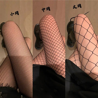 Women's Luxury Fishnet Design Tights showcasing three different fishnet patterns on legs, perfect for a stylish fashion statement.