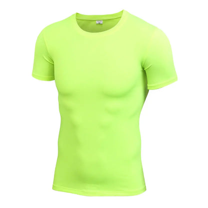 Luxury men's quick-dry compression training t-shirt in vibrant lime green, designed for optimal performance and style during workouts.