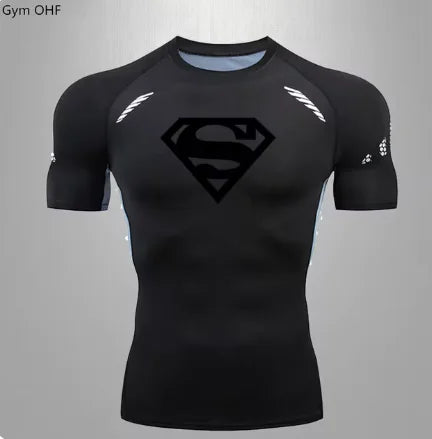 Elegant black men's quick dry compression T-shirt adorned with a striking superhero emblem, tailored for fitness enthusiasts seeking style and performance.