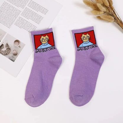 Stylish Hip Hop Long Socks for Women & Girls featuring a 'SAD BUT COOL' cartoon cat design on a purple background, made from a soft cotton and polyester blend, perfect for elevating your sock drawer.