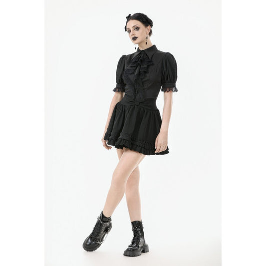 Elegant gothic blouse by Dark In Love featuring a high collar, puff sleeves, and layered lace ruffles in sumptuous black polyester fabric, perfect for a sophisticated goth fashion statement.