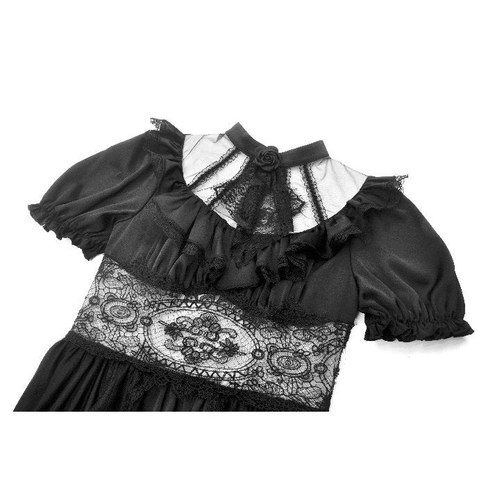 Close-up view of the intricate lace detailing and ruffled neckline on the Dark in Love High-Low Mesh Gothic Dress, ideal for alternative fashion enthusiasts.