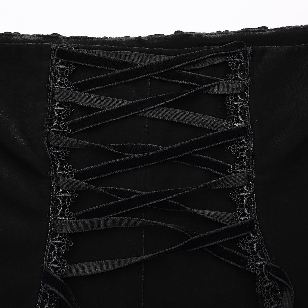 Worn by model, the Punk Rave Belladonna Fishtail Skirt exudes gothic elegance with its high-low design.