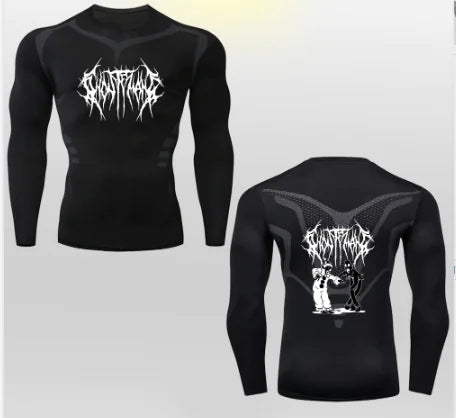Stylish men's athletic long-sleeve compression top in black, showcasing a striking white graphic print, perfect for fitness enthusiasts seeking comfort and support.