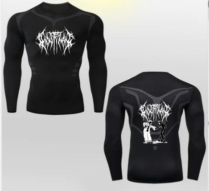Stylish men's athletic long-sleeve compression top in black, showcasing a striking white graphic print, perfect for fitness enthusiasts seeking comfort and support.