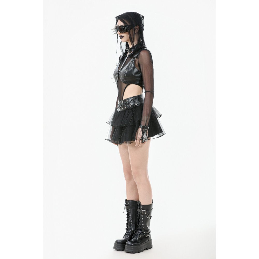 Elegant tiered black tulle of the Dark in Love Goth Mini Skirt, capturing the essence of punk-glam style, designed for raves and festivals.