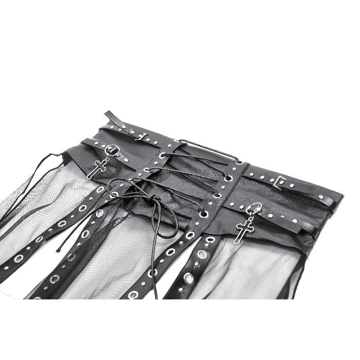 Full-length view of the flowing sheer black mesh maxi skirt styled with a corset belt, ideal for gothic festivals and alternative gatherings.