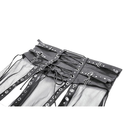 Full-length view of the flowing sheer black mesh maxi skirt styled with a corset belt, ideal for gothic festivals and alternative gatherings.