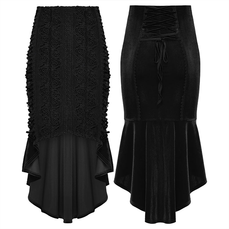 Punk Rave Belladonna Goth Rose Fishtail Skirt showcasing the intricate floral embossed fabric and silhouette.