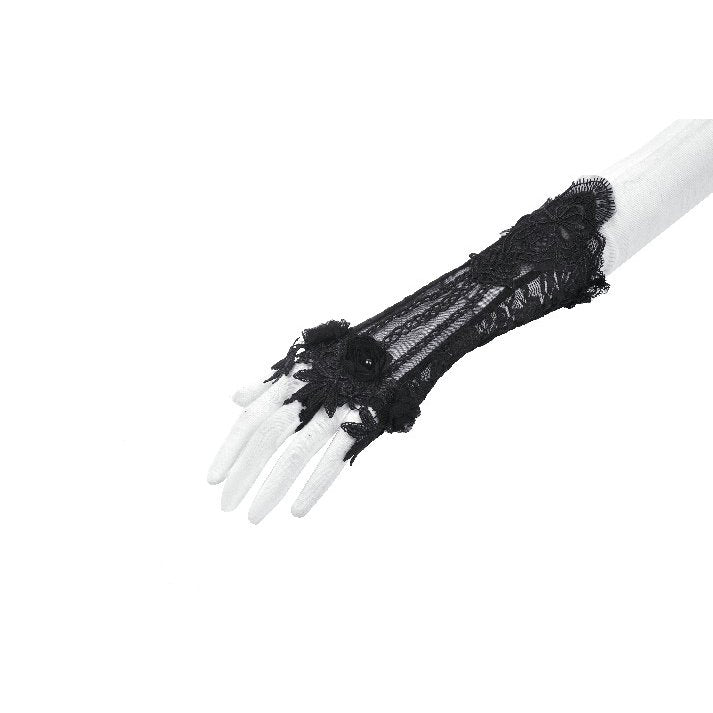 Stylish model wearing Gothic lace fingerless gloves with ornate embroidery, adding a touch of glamour and luxury to any ensemble.