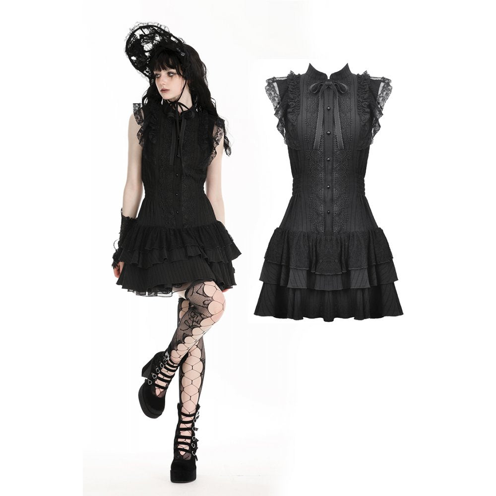 Elegant sleeveless gothic dress in black with lace panels and bow detail, showcasing tiered ruffles for a romantic Victorian style.