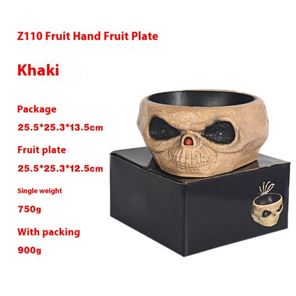 Luxurious Z110 Fruit Hand Fruit Plate in Khaki, perfect for Halloween candy serving, 25.5x25.3x12.5cm, showcasing an intricate skull design, ideal for festive gatherings.