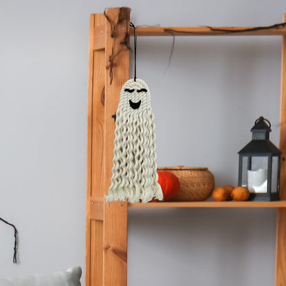 Charming Halloween Ghost Hanging Decoration showcasing playful curly design and a cheerful expression, perfect for festive home decor.