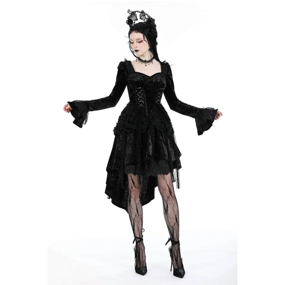 Elegant Dark in Love Seraphina Velvet Lace Goth Dress featuring a dramatic high-low hem and corset bodice, styled to highlight gothic sophistication.