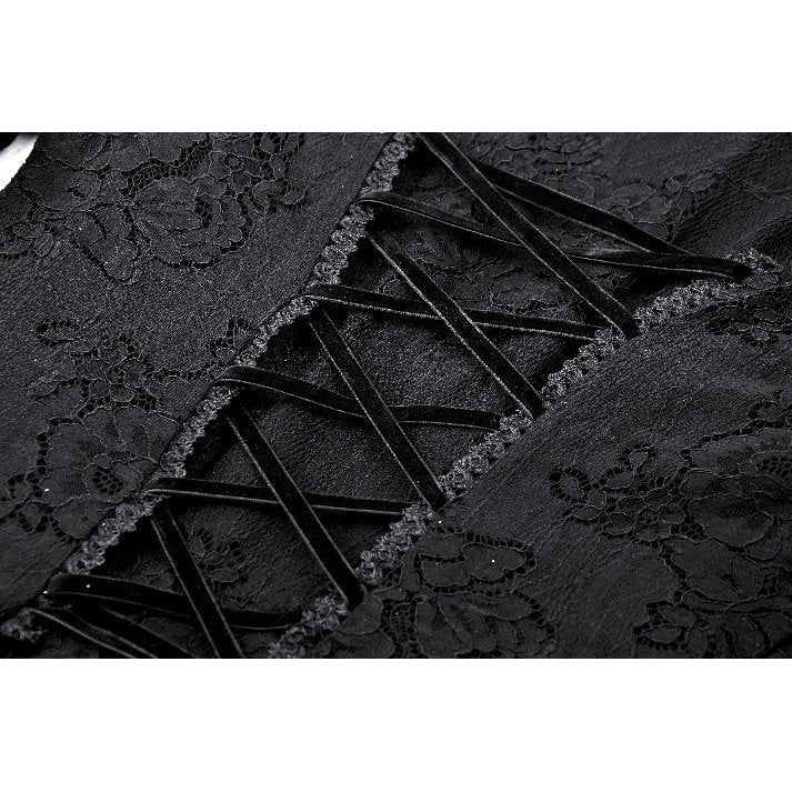 Close-up of intricate lace detailing and gemstone buttons on Dark in Love's Gothic Luca Dress, combining luxury and comfort.