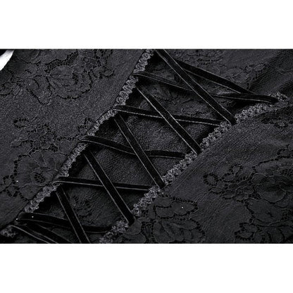 Close-up of intricate lace detailing and gemstone buttons on Dark in Love's Gothic Luca Dress, combining luxury and comfort.