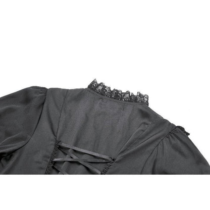 Stunning side view of the Dark in Love Belladonna Goth Dress, highlighting the dramatic puff sleeves and layered lace trim of the skirt, perfect for gothic fashion enthusiasts.