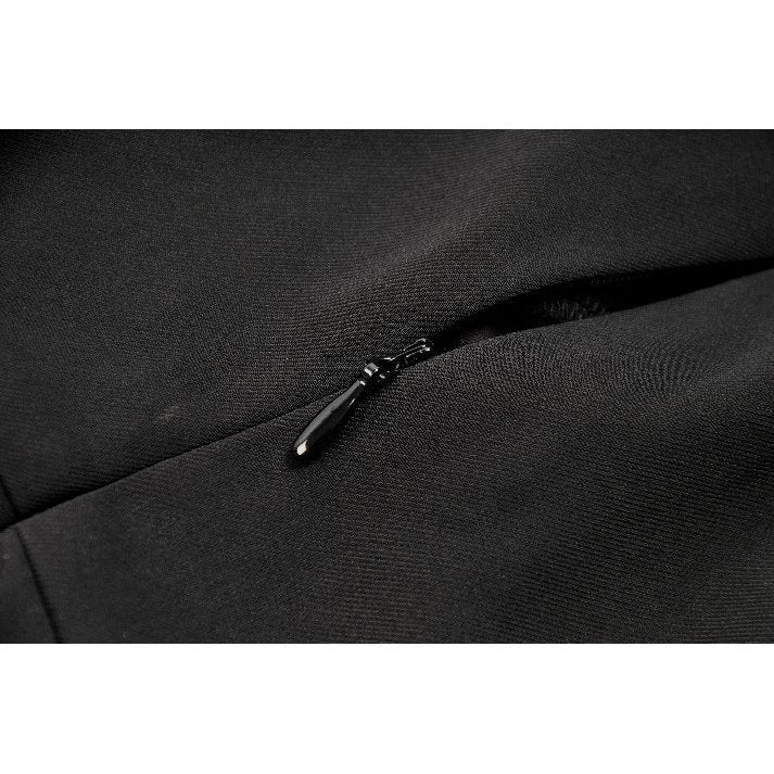 Elegant close-up of the Dark in Love Nyssa Black & Red Strap Detail Goth Mini Dress featuring intricate silver-tone eyelet detailing and an asymmetrical hem.