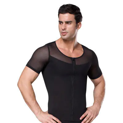 Stylish white Men's Slimming Shaping Compression Short Sleeve Shirt by Dazzling Dreams Studio, designed for a traceless fit and ultimate comfort.